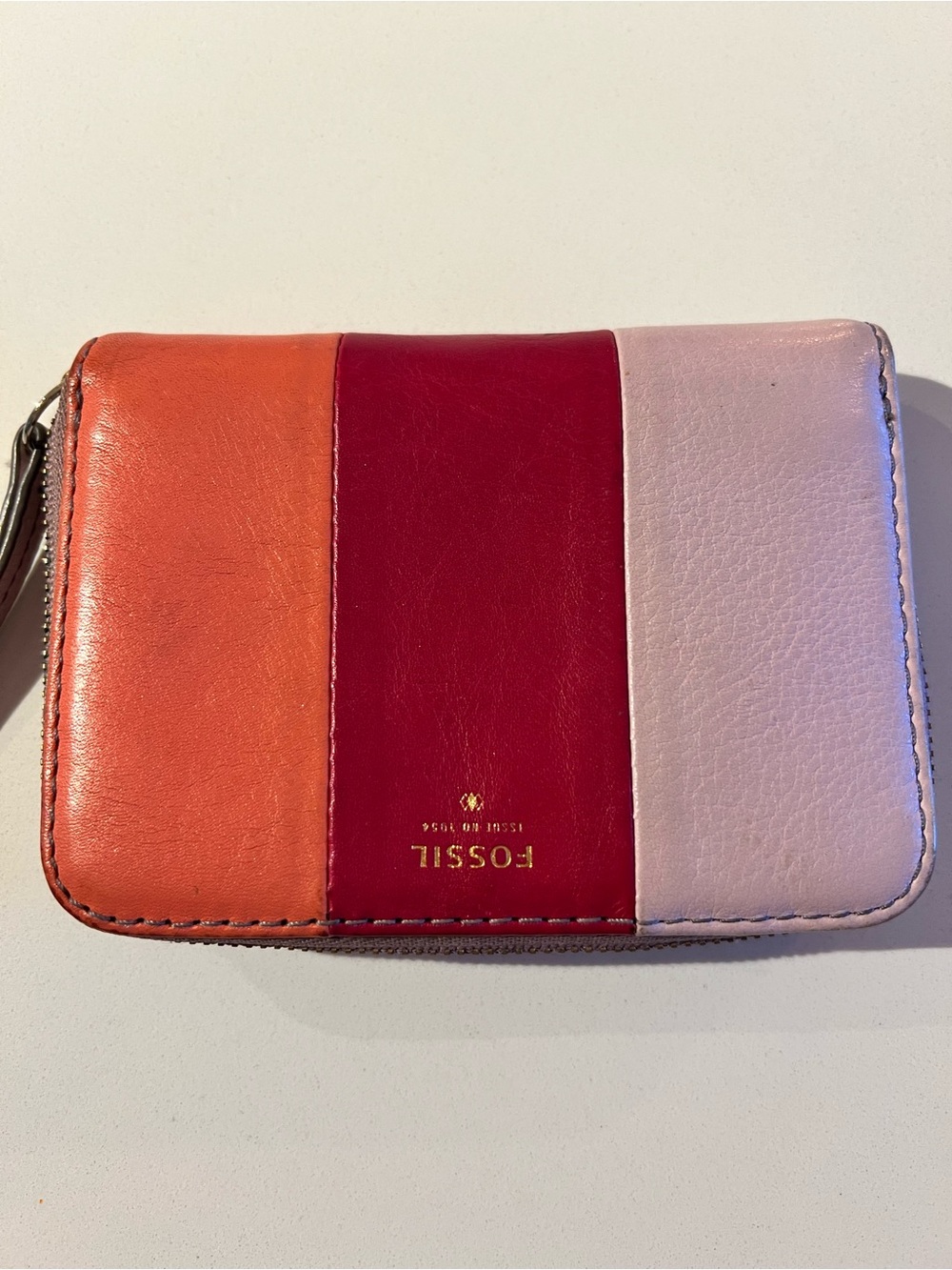 Fossil Tricolor Leather Zip Wallet - Coral, Ruby & Blush
